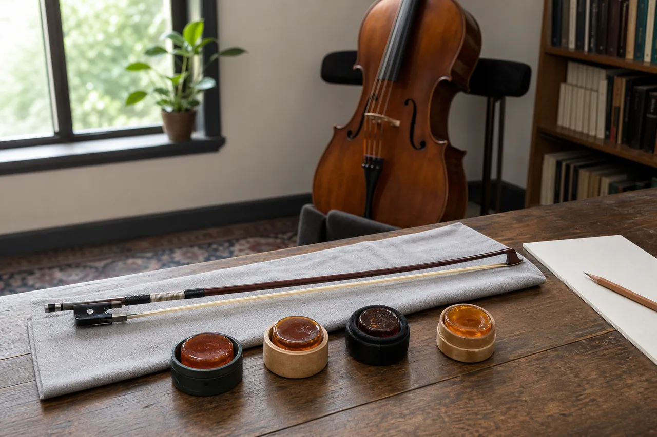 Generic cello, bow, four unbranded rosin cakes and a blank session log on a practice table