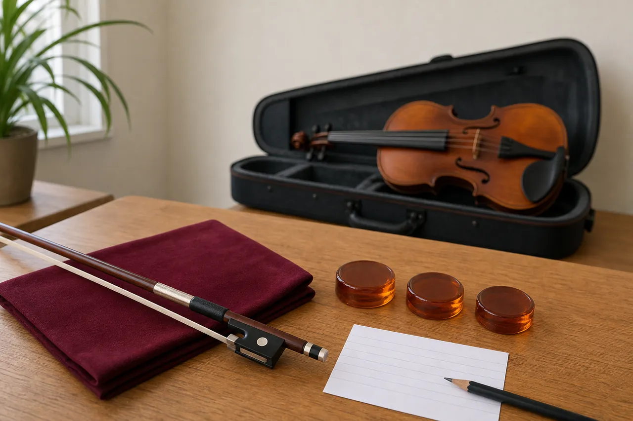 Generic viola in an open case behind a bow, three unbranded rosin cakes and a blank comparison card